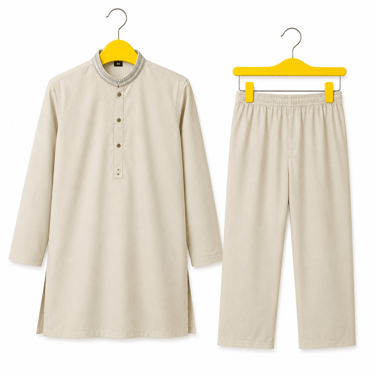Boys Beige Embroidered Collar Kurta Pajama Festive 2 Piece Set