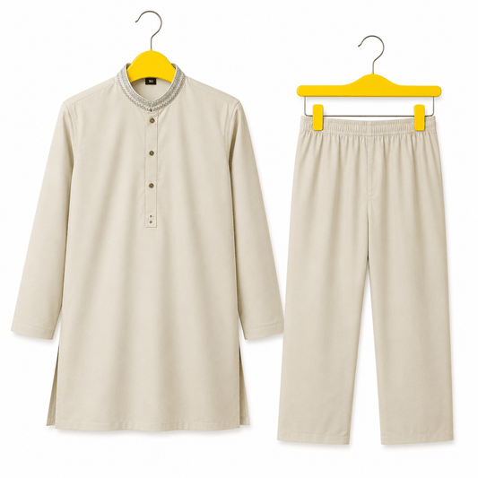 Boys Beige Embroidered Collar Kurta Pajama Festive 2 Piece Set