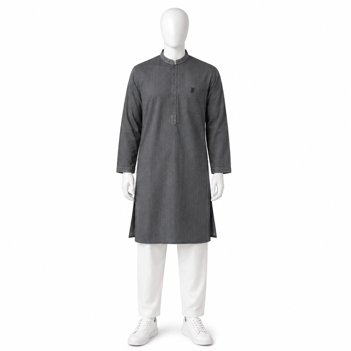 Boys Charcoal Grey Textured Kurta with White Pajama Set