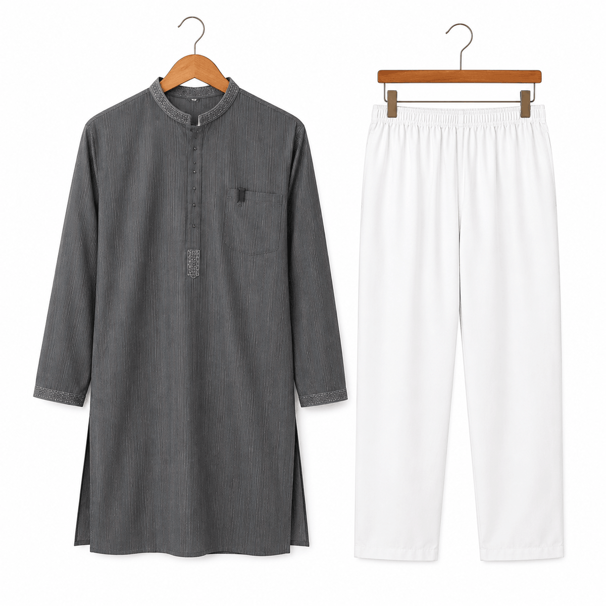 Boys Charcoal Grey Textured Kurta with White Pajama Set