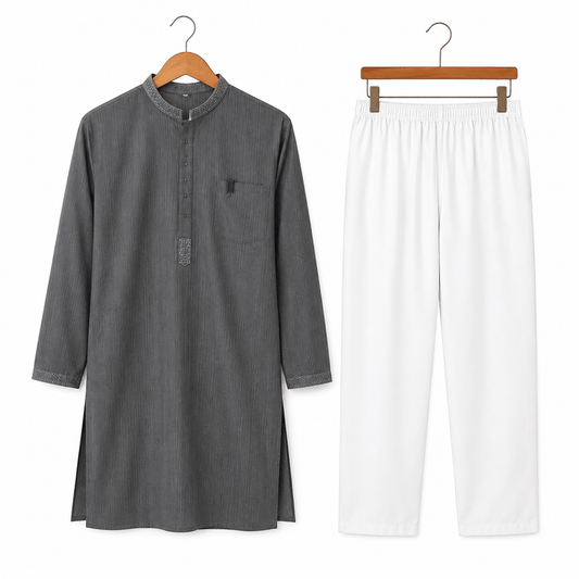 Boys Charcoal Grey Textured Kurta with White Pajama Set