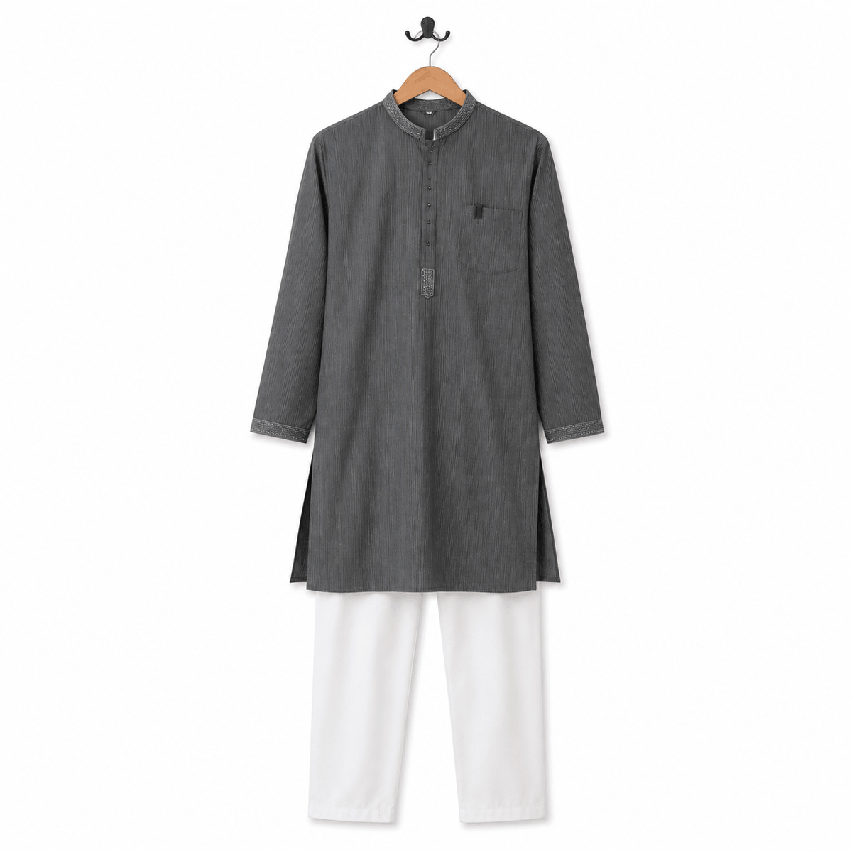 Boys Charcoal Grey Textured Kurta with White Pajama Set