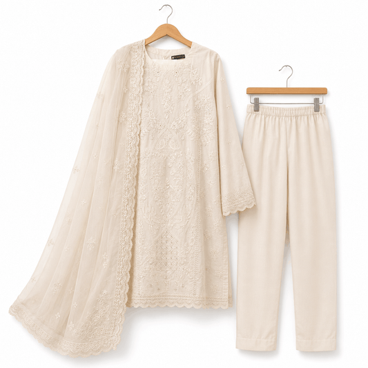 Elegant Embroidered Off White Suit