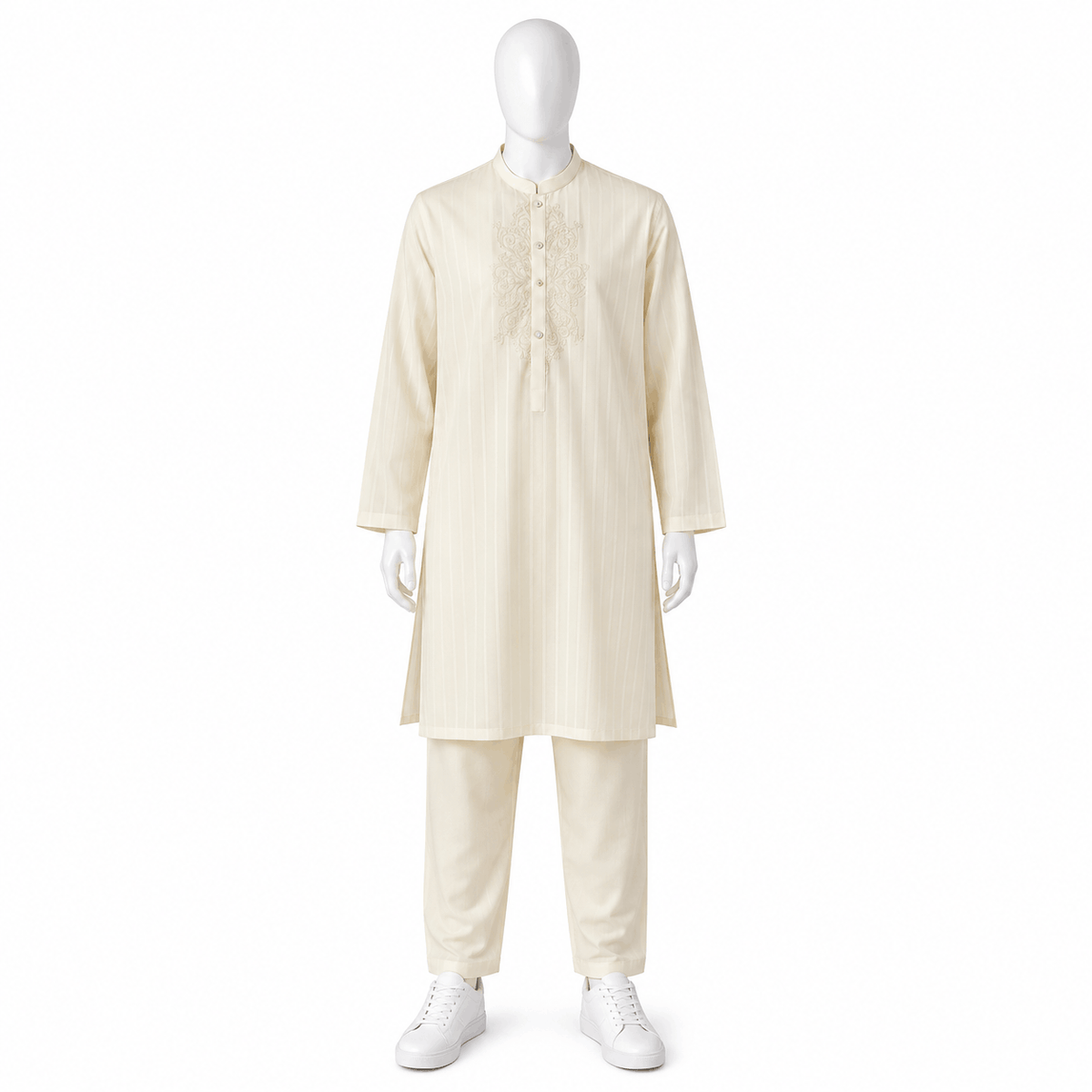 Boys Cream Embroidered Textured Kurta Pajama Festive 2 Piece Set