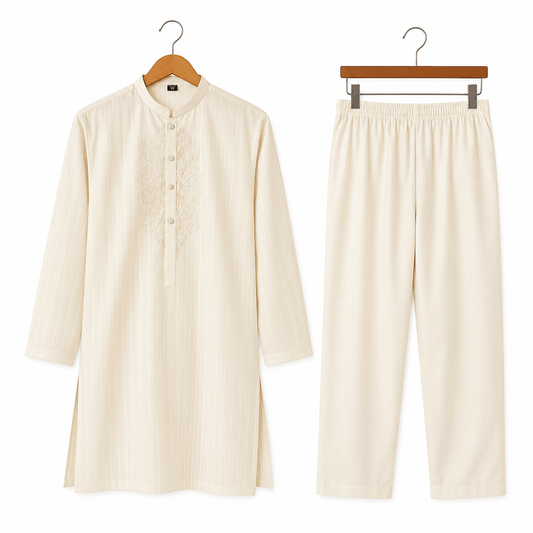 Boys Cream Embroidered Textured Kurta Pajama Festive 2 Piece Set