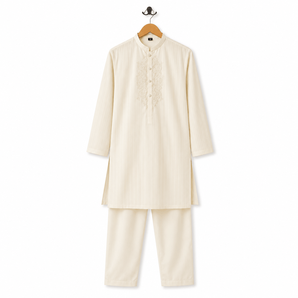 Boys Cream Embroidered Textured Kurta Pajama Festive 2 Piece Set