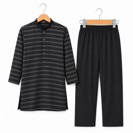 Boys Black Striped Kurta Pajama Casual Festive 2 Piece Set