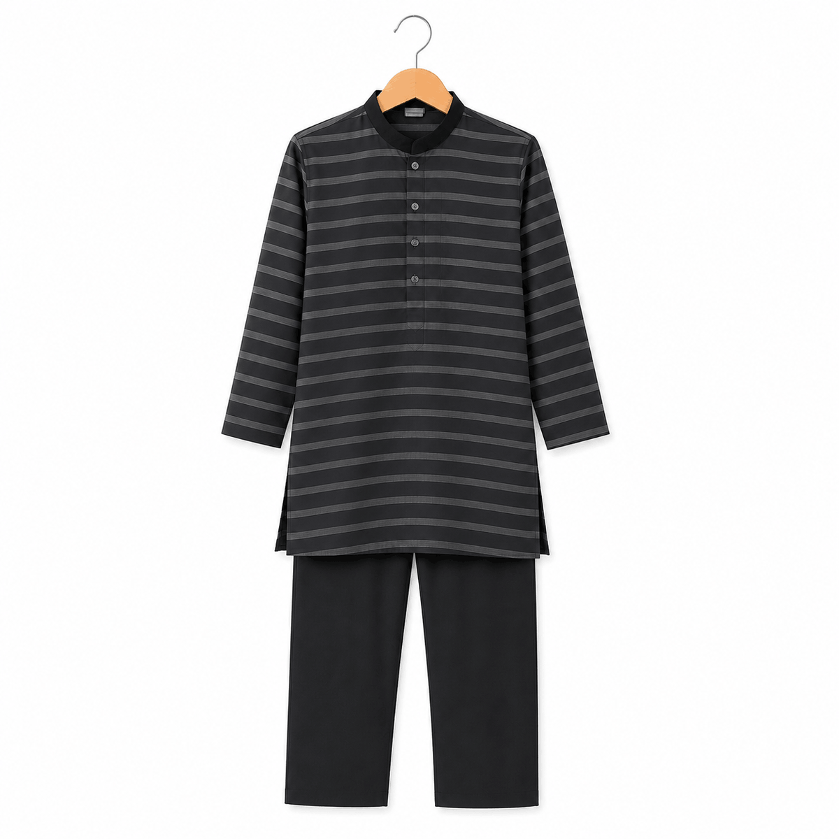 Boys Black Striped Kurta Pajama Casual Festive 2 Piece Set