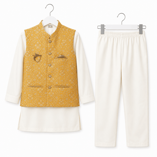 Boys Off White Kurta Pajama with Mustard Jamawar Waistcoat 3 Piece Set