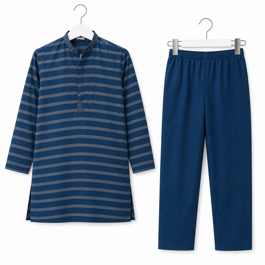 Boys Blue Striped Kurta Pajama Casual Festive 2 Piece Set
