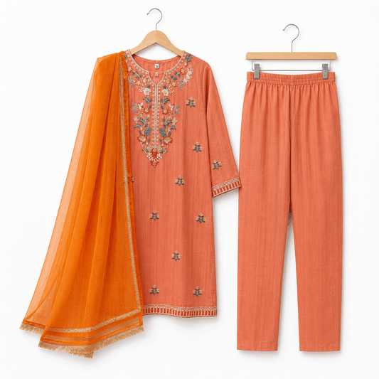 Girls Rust Orange Embroidered Kurta Trousers with Dupatta 3 Piece Set