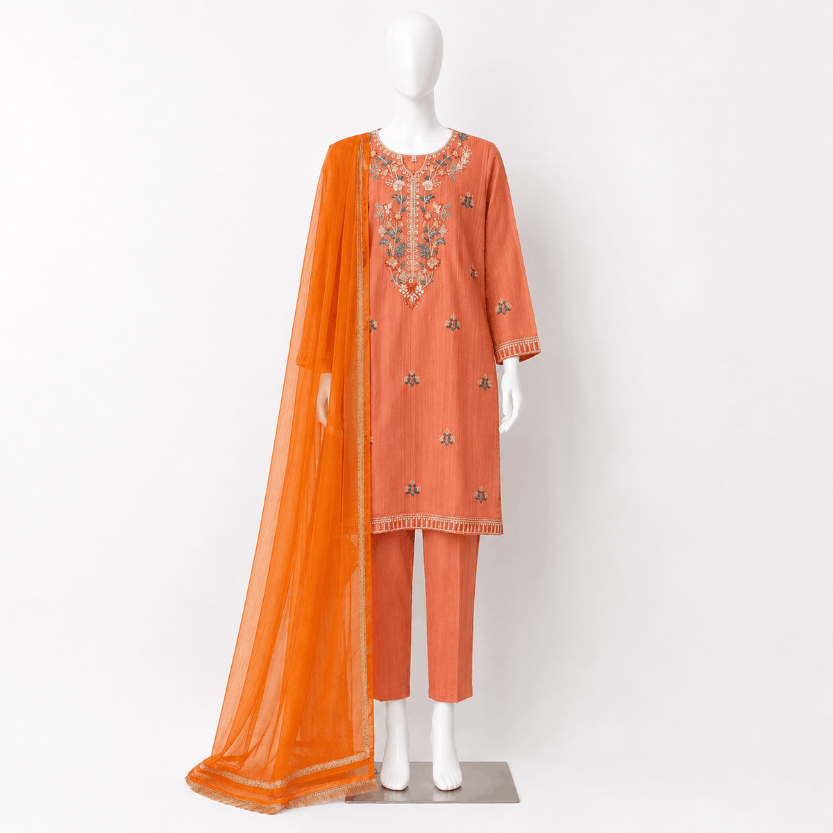 Girls Rust Orange Embroidered Kurta Trousers with Dupatta 3 Piece Set