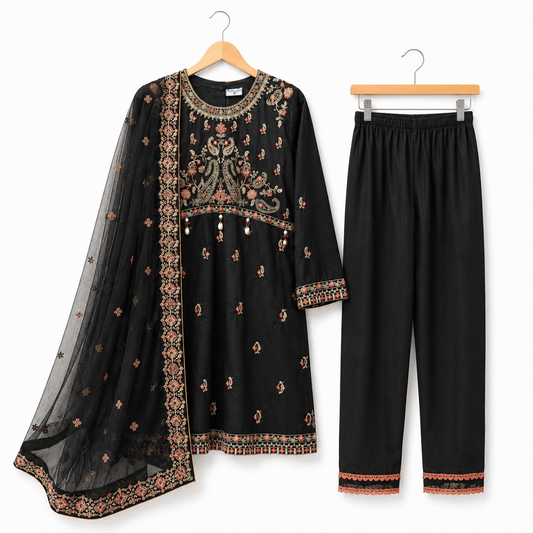 Girls Black Embroidered Frock Trousers with Net Dupatta 3 Piece Set
