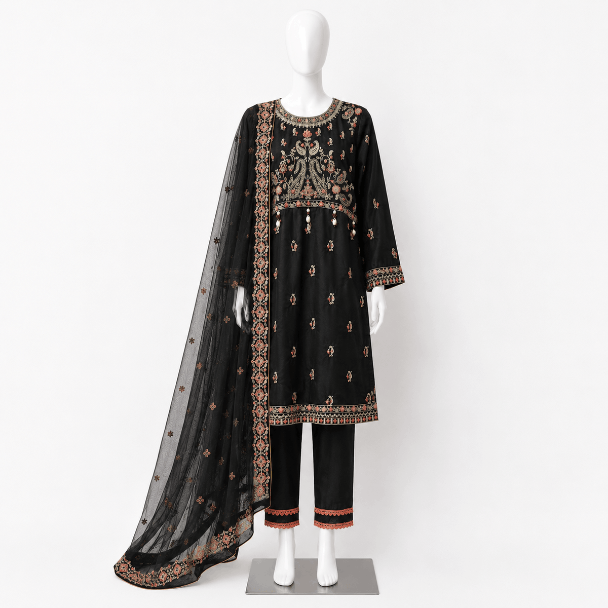 Girls Black Embroidered Frock Trousers with Net Dupatta 3 Piece Set