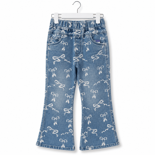 Girls Blue Bow Print Flared Denim Jeans Bootcut Pants
