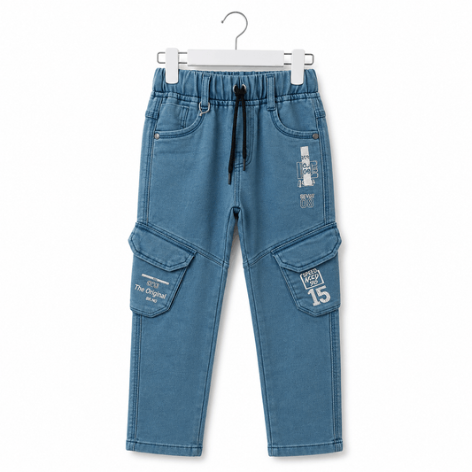 Boys Blue Denim Cargo Pants Graphic Print Jogger Jeans