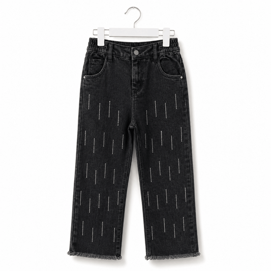 Girls Black Rhinestone Studded Wide Leg Denim Jeans Fringed Pants