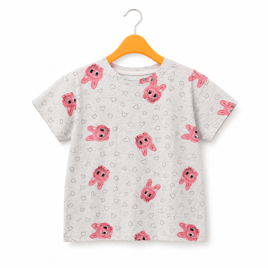 Kids Grey Melange Pink Bunny Print T Shirt All Over Heart Graphic Tee