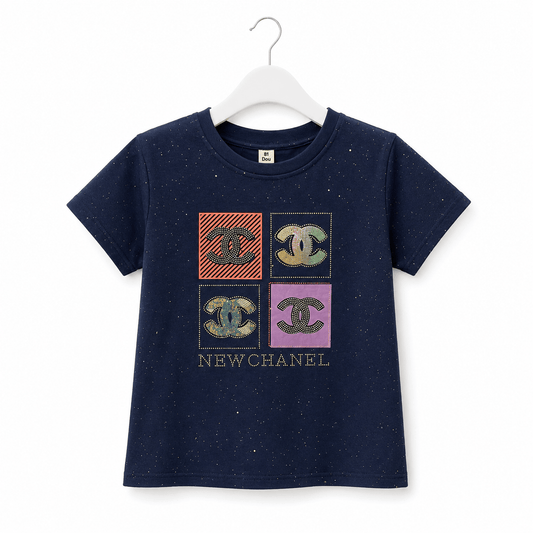 Kids Navy Blue Graphic Print T Shirt Rhinestone Embellished Summer Tee