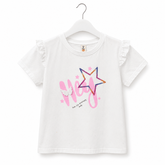 Girls White Ruffle Sleeve T Shirt Sequined Star Graphic Tee