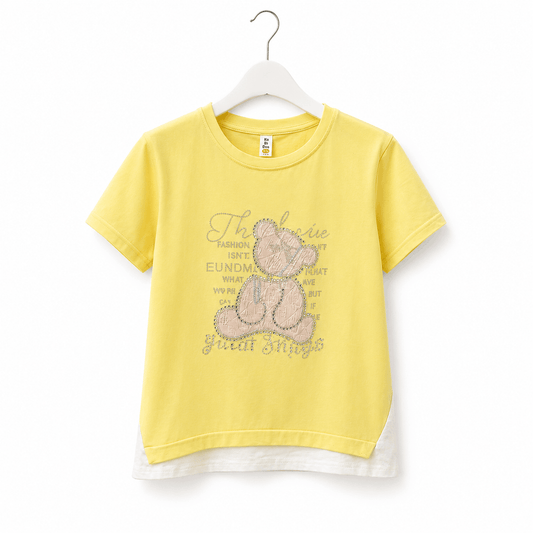 Kids Yellow Layered Hem T Shirt Cute Bear Rhinestone Graphic Tee