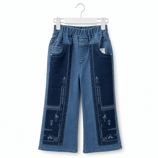 Girls Blue Two Tone Wide Leg Denim Jeans Embroidered Patchwork Pants
