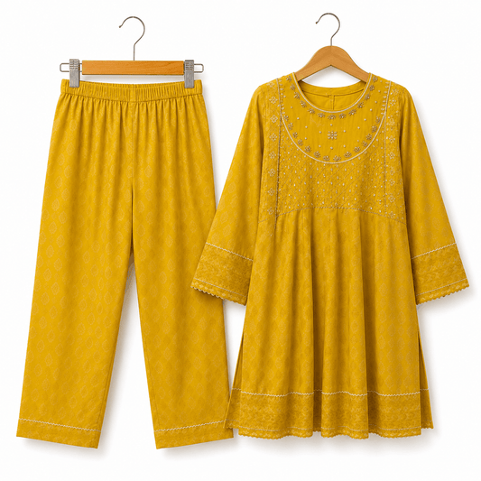 Women Mustard Yellow Frock Style Kurti with Straight Pants Ethnic Co Ord Set