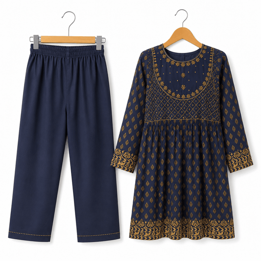 Women Navy Blue Frock Style Kurti with Straight Trousers Ethnic 2 Piece Set