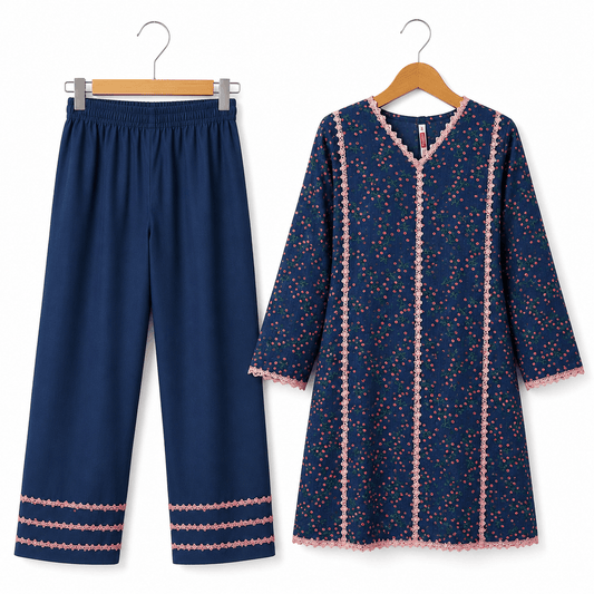 Women Navy Blue Frock Style Kurti with Straight Trousers Ethnic 2 Piece Set