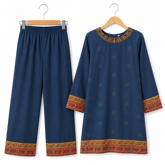 Women Blue Embroidered Kurti with Wide Leg Pants Ethnic Co Ord Set