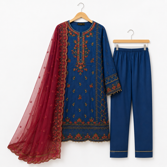 Royal Blue Embroidered Contrasting Suit