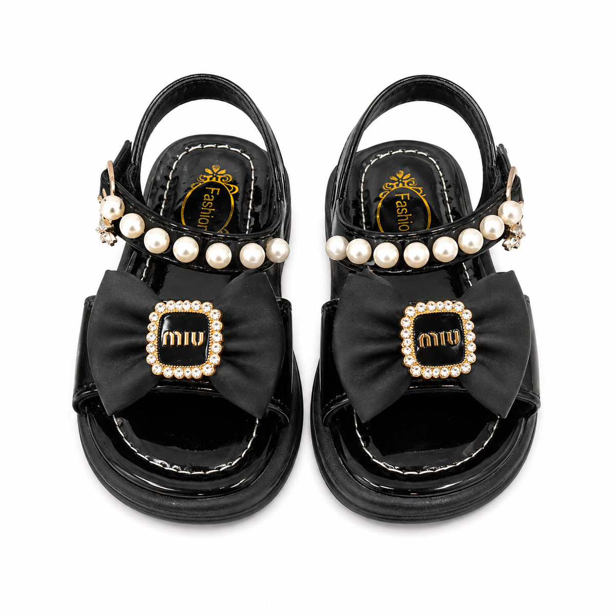 Girls Designer-Style Pearl & Rhinestone Black Party Sandals