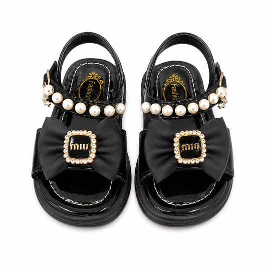 Girls Designer-Style Pearl & Rhinestone Black Party Sandals