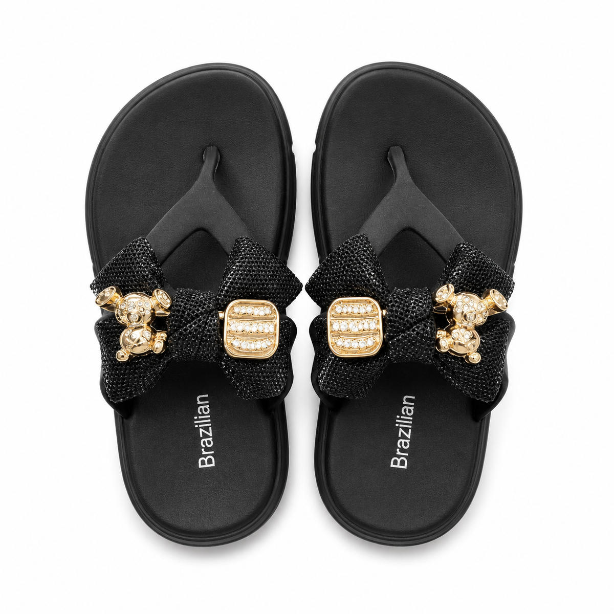 Girls Elegant Black Bow Slides with Metallic Gold Bear